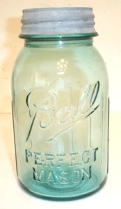Vintage Ball Perfect Mason Blue #3 Ribbed Gripper Quart Fruit Jar w/ Zinc Cap - Picture 1 of 8