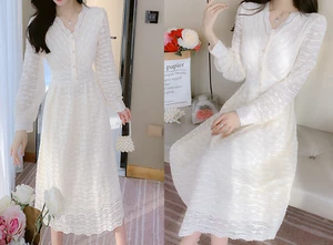 Maxi vestido de fiesta de encaje floral manga larga cuello en V para mujer - Imagen 1 de 8