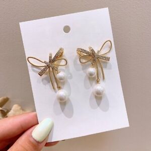 Fashion Pearl Crystal Bowknot Dangle Ear Earrings Stud Women Wedding Jewelry Hot