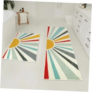 Boho Bath Mat Set Modern Colorful Sun Bathroom Rug Sets 2 18"x25"+18"x47" Blue - Picture 1 of 8