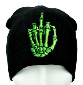 Gorro Verde Esqueleto Mano Dedo Medio Negro Tejido Gorra Sombrero Punk Emo Metal Gótico - Imagen 1 de 9