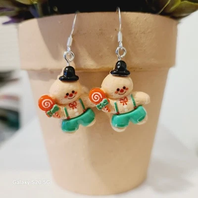 Lindos Pendientes Hombre Pan de Jengibre Caramelo Piruleta Vacaciones Navidad Joyería Festiva Foto 1 de 4