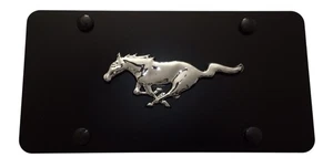 3D Mustang Pony Emblem Stainless Steel Front Black License Plate Frame W/ Caps - Picture 1 of 4