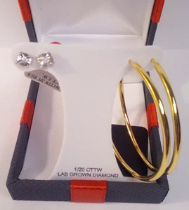 NUEVO CON ETIQUETAS 2 Pr Pendientes para Mujer Creados en Laboratorio Diamante Blanco Tachuela y Oro 14K Sobre Aro Plateado - Imagen 1 de 6