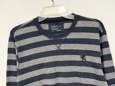 Express Men's Waffle Knit Shirt Size Large Striped Navy Gray Long Sleeve Thermal - Image 1 of 4