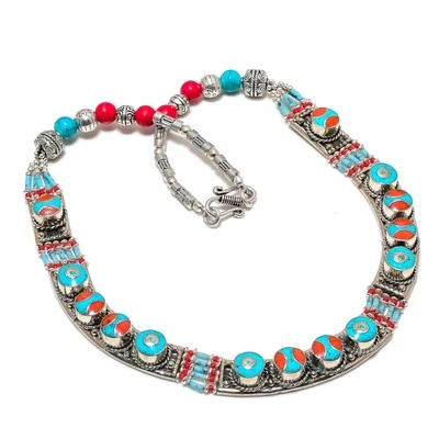 Red Coral Tibetan Turquoise Gemstone Bohemian 925 Silver Latest Nepali Necklace - Image 1 of 4