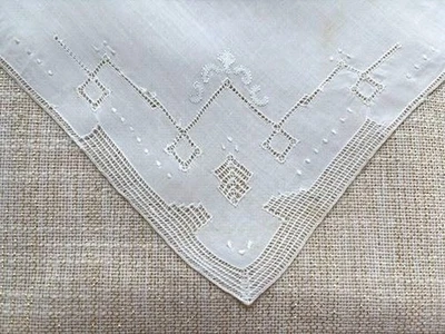 VINTAGE HANKY WHITE PUNCHWORK EMBROIDERY GEOMETRIC & FLORAL DESIGNS COTTON - Image 1 of 3