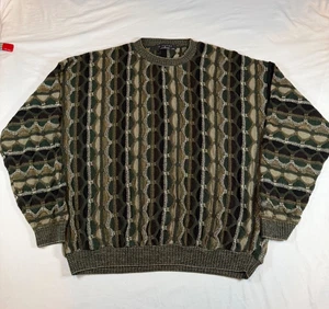 Vintage PROTEGE Size XXL 3D Knit Sweater Earth Green Brown USA Made Coogi Style - Picture 1 of 16