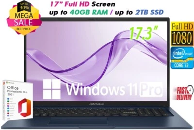 ASUS 17.3" FHD Laptop Intel i3-1215U Up to 40GB RAM & 2TB SSD Win11 Pro+OFFICE - Image 1 of 4