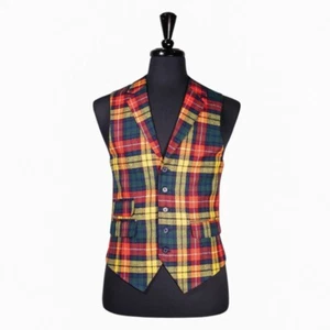 Mens Waistcoat Suit Lapel Vest 40R Multicolor Tartan Plaid Wool Formal Wedding - Picture 1 of 8