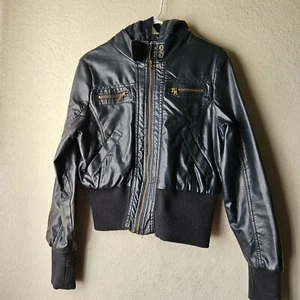 BB Winter Jacket Youth Girl L Navy Faux Leather Full Zip Hooded Pockets Fleece - Picture 1 of 8