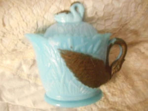 Vintage Blue and Gold Swan Cattail Domed Glass Candy Dish Jar Creamer - Picture 1 of 10