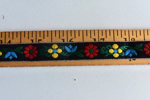 JACQUARD MULTI FLOWERS ON BLACK TRIM 5 YARDS X 1/2 INCHES WIDE - Picture 1 of 2