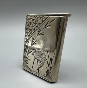 White Metal Chinesse Engraved Vesta Case with Crane - Picture 1 of 20