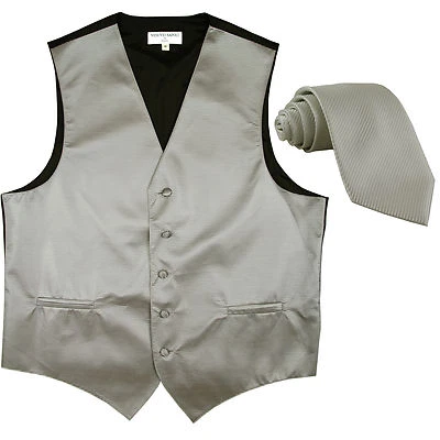 New formal men's tuxedo vest waistcoat & necktie horizontal stripes silver gray - Image 1 of 4