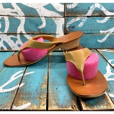 GOLO Mujer Talla 8 Italiano Cuero Tostado Tanga Sandalia Tacón Madera Hecho en Italia Foto 1 de 4