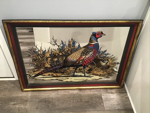 Vintage Wood Frame Mirror Hunting Pheasant Scene Large 41” X 29” Cover