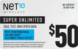 Net10 $50.00/Month Refill,  Unlimited Talk, Text, and Data! - Picture 1 of 1