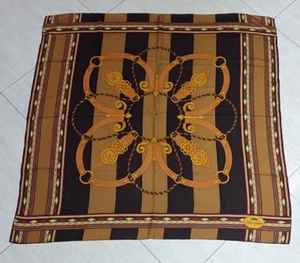 Vintage Schal Longchamp klassisch Barock geometrisch karamell braun Twill Seide 34" - Bild 1 von 6
