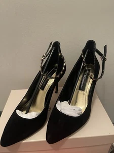 BCBG Black Suede Pumps w/Gold Stud Embellished Ankle Straps. Worn once. - Picture 1 of 7