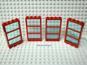 Lego City Pieces: 1x4x6 Red Window Frames w/ Translucent Light Blue - Picture 1 of 2