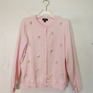 Lord and Taylor Sweater 0X Cardigan Pink Cotton Knit Floral Rhinestone Fairy - Picture 1 of 11