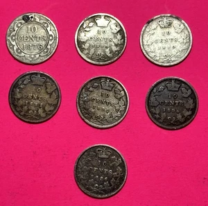 Lot of 7 SILVER Canadian Dimes (7 Different Dates - 1876 - 1899) G to F - Picture 1 of 2