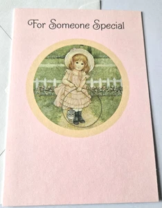 Vintage Greeting Card Birthday Hallmark Old Fashioned Girl with Hoop and Kitten - Picture 1 of 3