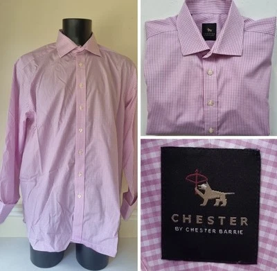 Chester by Chester Barrie 17" Pink Check 100% Cotton Double Cuff Shirt  - Image 1 of 4