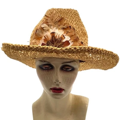 VINTAGE Handmade Straw Cowboy Hat Feather Band Summer Sun Panama Raffia Cowgirl - Image 1 of 4