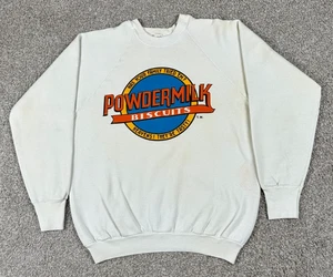 VTG Powdermilk Biscuits Sweatshirt Mens Large White Pullover Crew Neck 80s USA - Picture 1 of 9