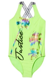 Justice Girls 1 Piece Swimsuit Green Size 7/8 Lined Tropical Theme Logo J Sport - Picture 1 of 12