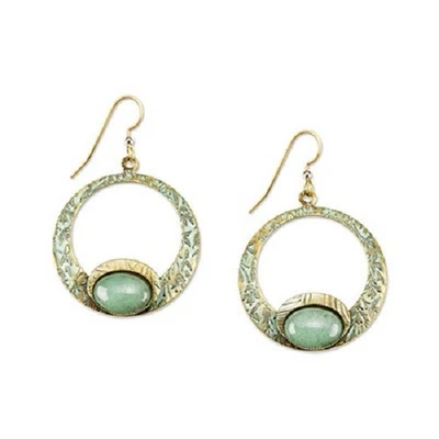 SILVER FOREST EARRINGS FLOWERED TEXTURED LOOP /GREEN STONE - NE-0805 MADE IN USA - Image 1 of 2