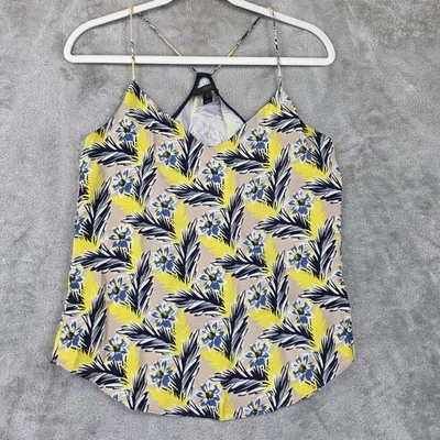 Camiseta regata feminina J Crew 2 amarela azul floral seda alça espaguete gola V - Imagem 1 de 4
