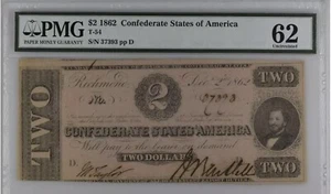 T-54 $2 1862 Confederate States Currency Banknote Civil War Money, PMG MS UNC 62 - Picture 1 of 3