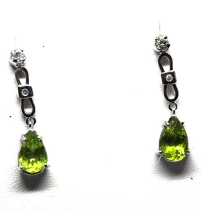 HANDMADE PARIDOT AND DIAMONDS  PAIR OF EARRINGS ON 14K WHITE GOLD - Picture 1 of 3
