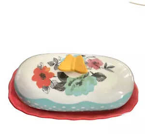 Pioneer Woman Floral Butterfly Butter Dish Red Ceramic Flea Market 6.4” EUC - Picture 1 of 6