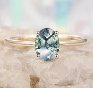 Natural Moss Agate Ring 925 Sterling Silver Ring Oval Cut Solitaire Ring - Picture 1 of 3