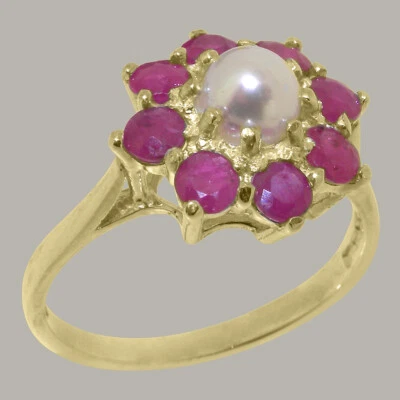 Solid 14k Yellow Gold Pearl & Ruby Womens Cluster Ring - Sizes 4 to 12 - Image 1 of 4