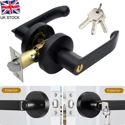 Internal Door Lever Handle Heavy Duty Locks Privacy Passage Black With Key Entry - Image 1 of 4