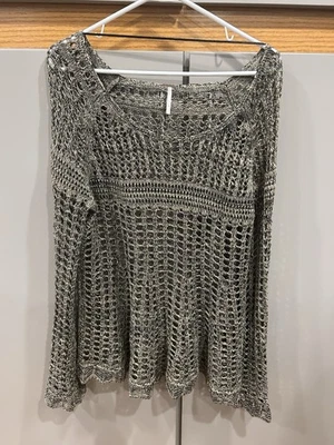 Suéter Boho Tejido Abierto Free People Negro y Bronceado Mangas Largas Talla L Mangas Campana Foto 1 de 4