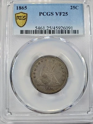 1865 Seated Liberty Quarter 25c PCGS VF25 Tough Coin True View Gold Shield  - Image 1 of 4