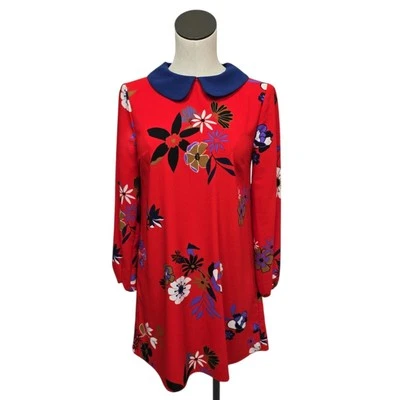 ModCloth Red Floral Shift Dress Peter Pan Contrast Collar Size XS Long Sleeve - Image 1 of 4