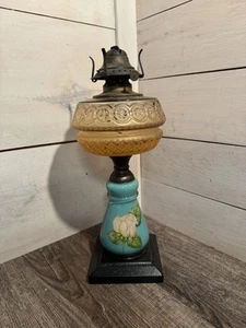 Antique Composite Oil Lamp Aqua Blue Roses 14” Victor Burner - Picture 1 of 6