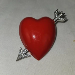 Vintage Bob Mackie Red Enamel Heart Arrow Brooch Pin Clear Crystals Silver Tone - Picture 1 of 6