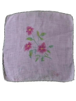 复古 Hankie Hanky 手帕印花粉色花朵和绿色钩针边框 — 第 1/3 张图片