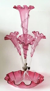Antico vaso centrotavola vittoriano Epergne vetro mirtillo 4 trombe corno 22" - Foto 1 di 20