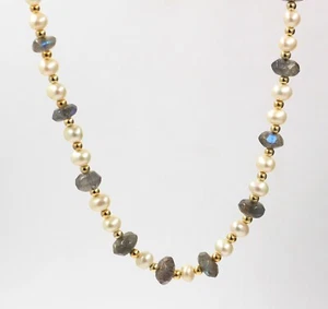 Collana di perle di labradorite grigie rotonde cabochon in argento sterling 9... - Foto 1 di 10