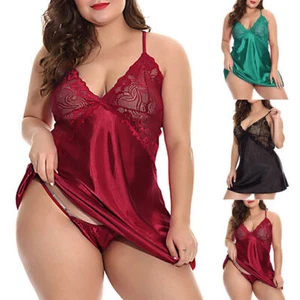 Plus Size 28 Womens Sexy Satin Silk Lace Nightdress Sleepwear Babydoll Lingerie - Picture 1 of 15