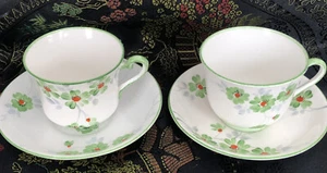 2 Phoenix Bone China Teacup Saucer Hand Painted Green Flora England - Imagen 1 de 4